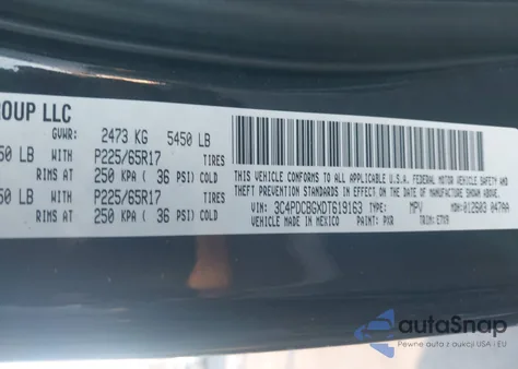 2013 Dodge Journey Sxt z USA, uszkodzony, nr VIN 3C4PDCBGXDT619163